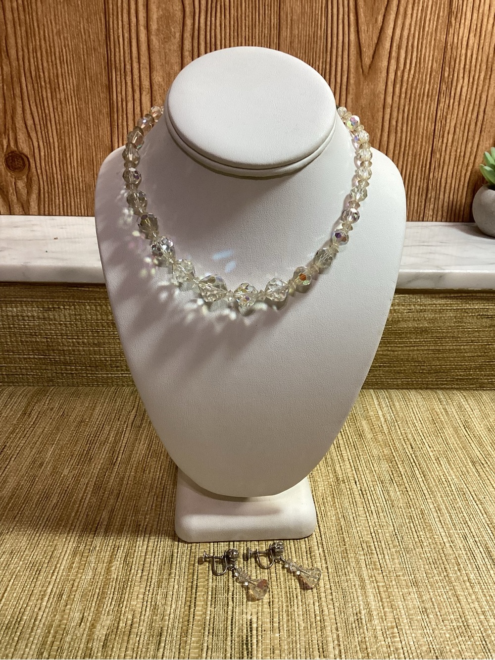 Vintage Crystal Aurora Borealis Beaded Necklace and clip Earring Set - Clear